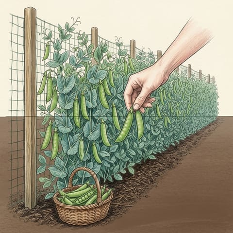 A hand picking a pea pod beside a basket of pods