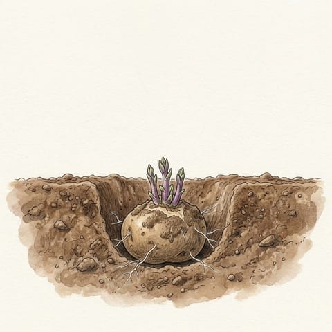 A seed potato with sprouts in a planting hole