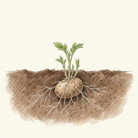 Roots spreading and green shoots breaking the soil