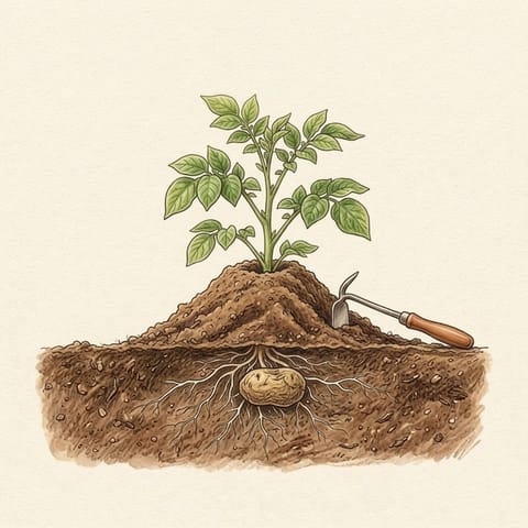A young plant with soil drawn up around its stems