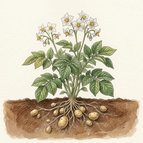 A flowering potato plant with small potatoes forming below