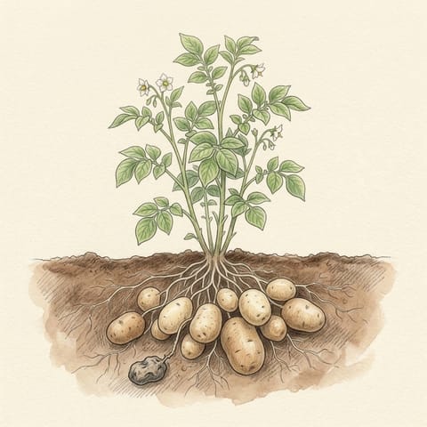 Plump potatoes growing under a leafy plant