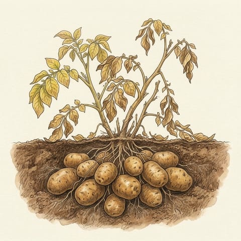 Yellowing leaves above a cluster of large potatoes