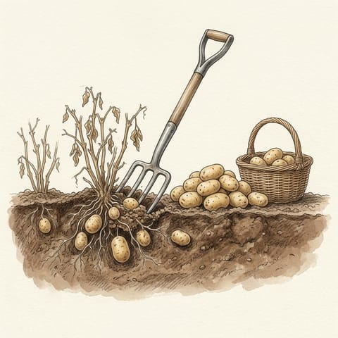 A fork lifting potatoes beside a basket
