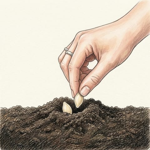 Pumpkin seeds being pressed into a low mound of soil