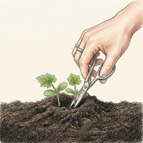 Two pumpkin seedlings, the weaker one being snipped off