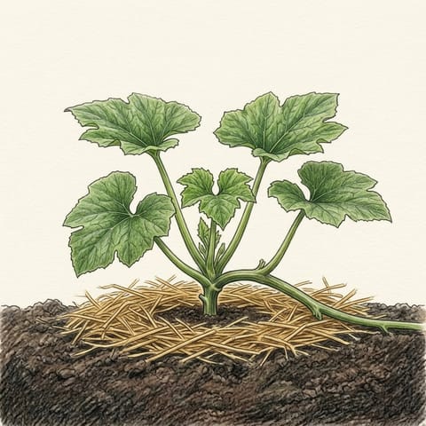 A young pumpkin plant with a vine starting to run across straw mulch