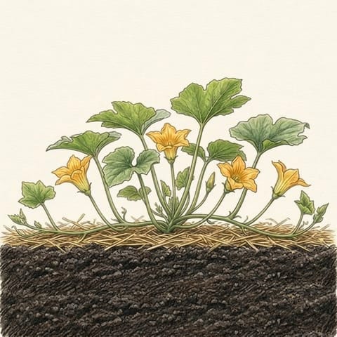 A pumpkin vine with large yellow flowers among its leaves
