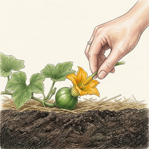 A male flower being dabbed into a female flower with a tiny pumpkin behind it