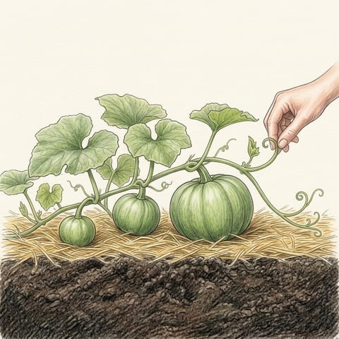 Green pumpkins growing along the vine as a hand pinches a vine tip