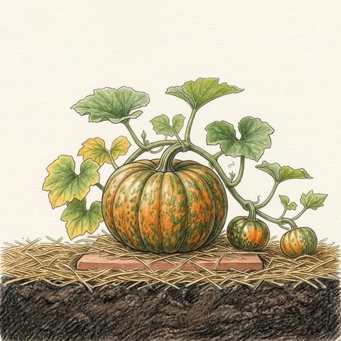 A pumpkin turning orange on a tile under the vine