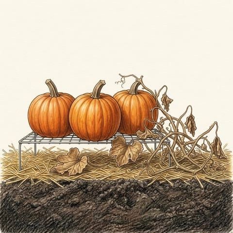 Ripe pumpkins with their stalks curing in the sun on a rack