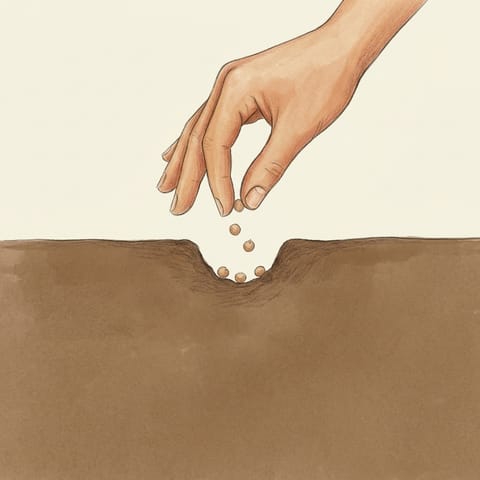 A hand dropping radish seeds into a shallow drill