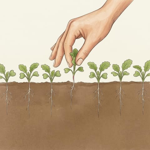 Fingers pulling a spare radish seedling from the row