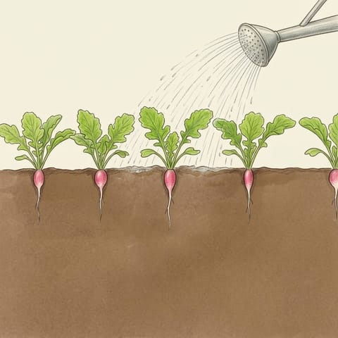 A watering can sprinkling young radish plants