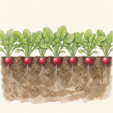 Small red radishes swelling below leafy tops