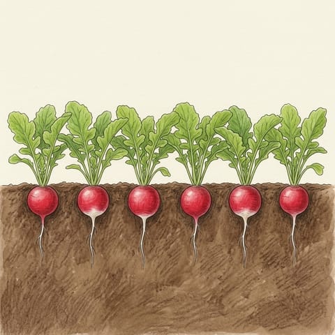 Round red radishes at the soil surface below leafy tops