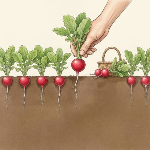 A hand pulling a red radish beside a basket