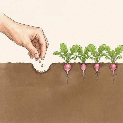 A hand sowing a new row of radish seed beside young plants