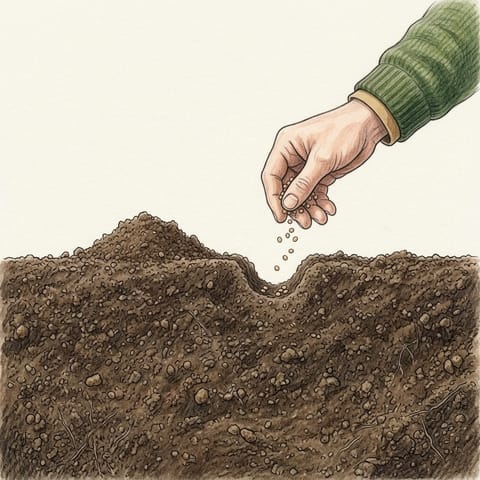 A hand sowing rocket seeds along a shallow row