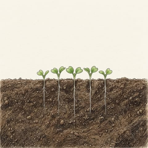 A row of tiny rocket seedlings just through the soil