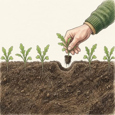 Fingers pulling a spare seedling from a row of young rocket