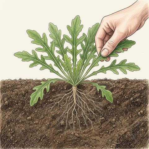 A hand picking a leaf from a leafy rocket plant