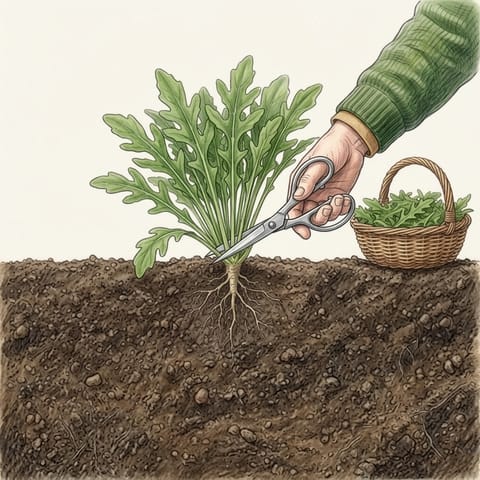 A hand cutting a rocket plant a few centimetres above the soil
