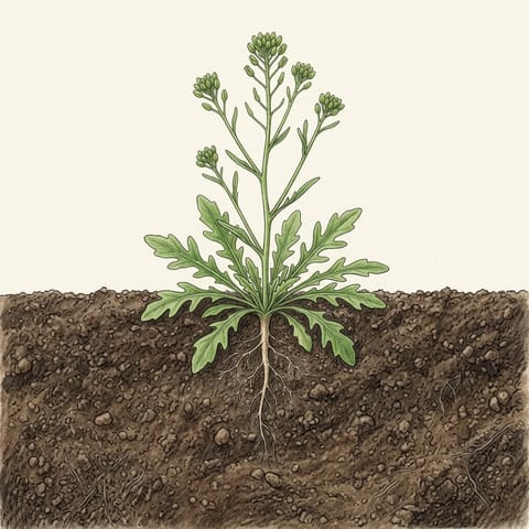 A rocket plant with a flower stalk rising from its centre