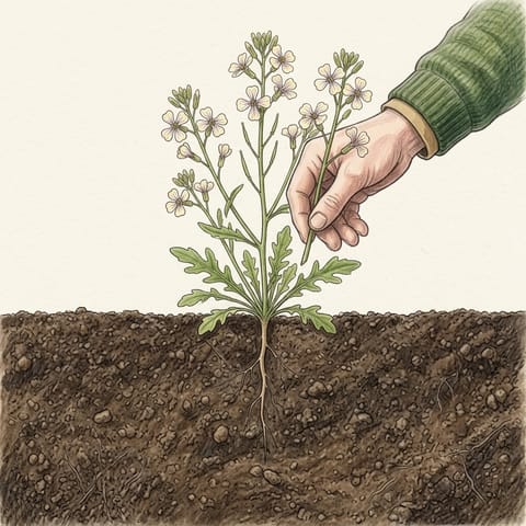A hand picking cream flowers from a flowering rocket plant