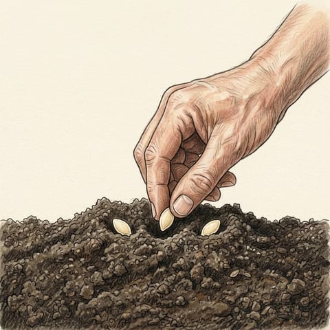 Rockmelon seeds being pressed into a low mound of soil