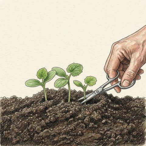 Three rockmelon seedlings, the weakest one being snipped off