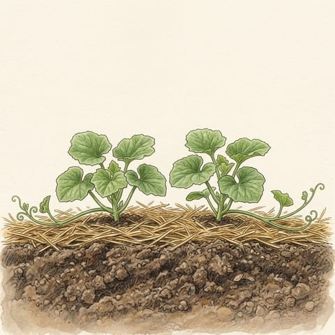 Two young rockmelon plants with vines starting to run across straw mulch