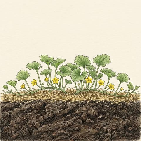 Rockmelon vines on straw with small yellow flowers
