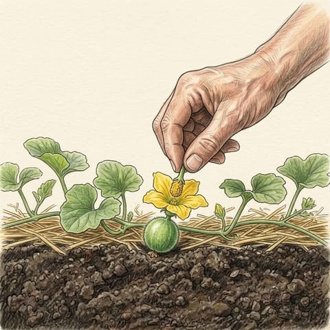 A male flower being dabbed into a female flower with a tiny melon behind it