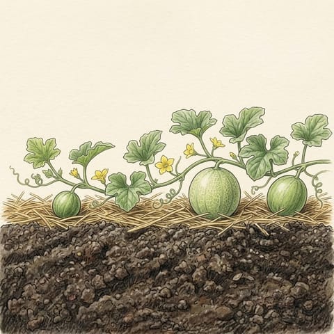 Young round green melons growing along the vines on straw