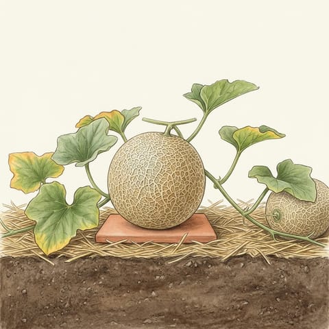 A netted rockmelon turning golden on a tile under the vine