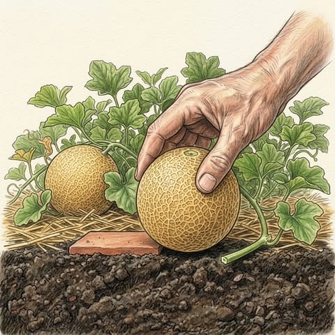 A hand lifting a ripe rockmelon away from its stalk