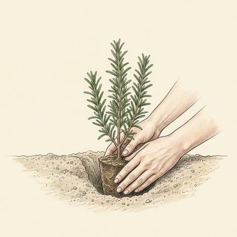 A young rosemary plant being set into a planting hole