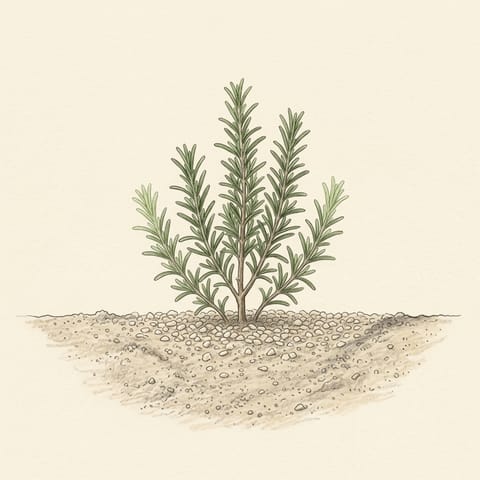 A young rosemary plant with fresh pale green tips and gravel around it