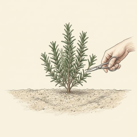 A hand snipping a sprig from a young rosemary bush