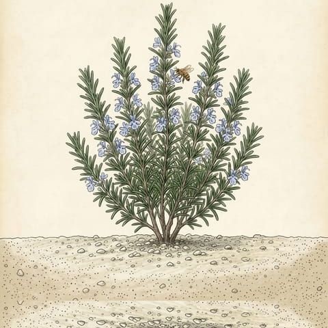A rosemary bush with small pale blue flowers along its stems