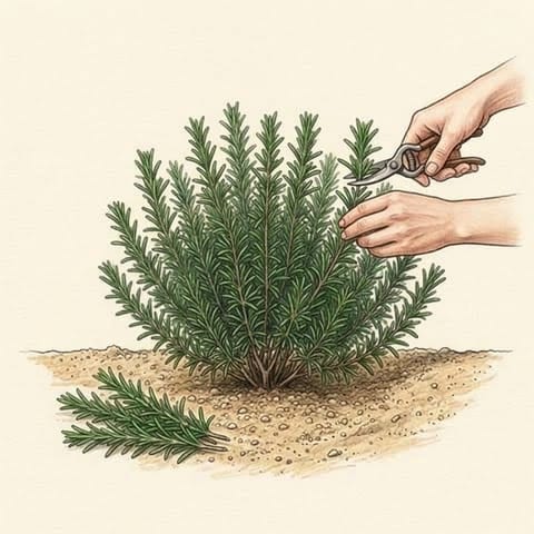 A hand with secateurs trimming the leafy tips of a rosemary bush
