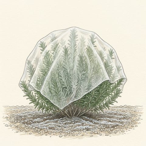 A rosemary bush loosely covered with a fleece cover on a frosty day