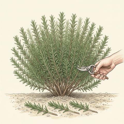 A hand cutting a soft tip from a rosemary bush, cuttings laid beside it