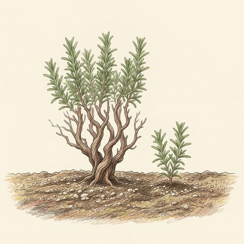 An old woody rosemary bush with a young plant beside it