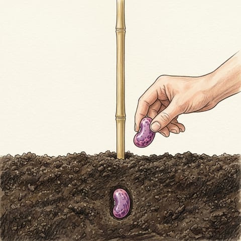 A hand sowing a large speckled bean seed at the foot of a bamboo cane