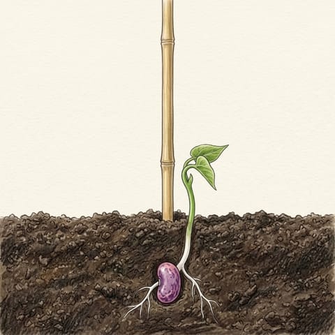 A runner bean shoot coming up beside its cane, the seed still in the soil below