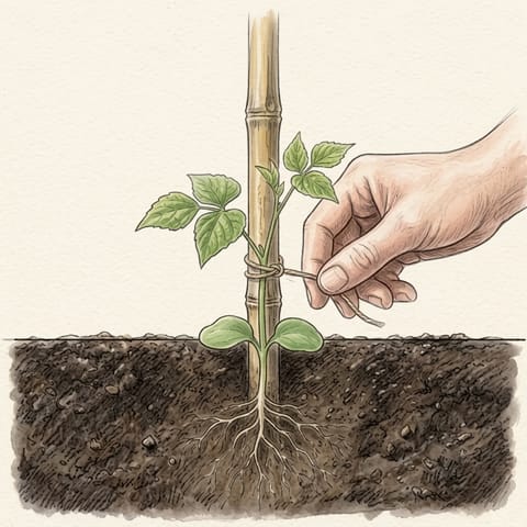 A hand tying a young runner bean stem loosely to its cane with soft twine