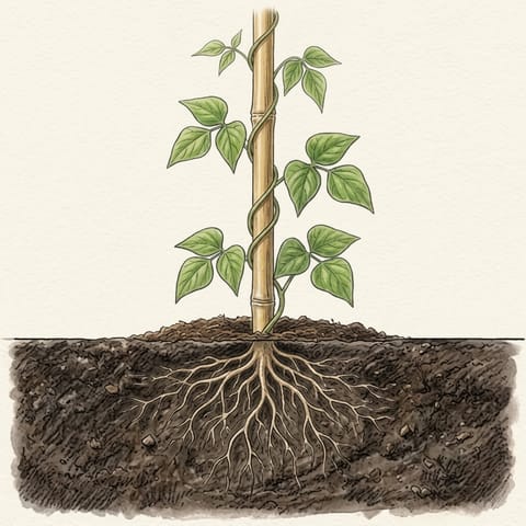 A runner bean vine twining up its cane with compost mulch below